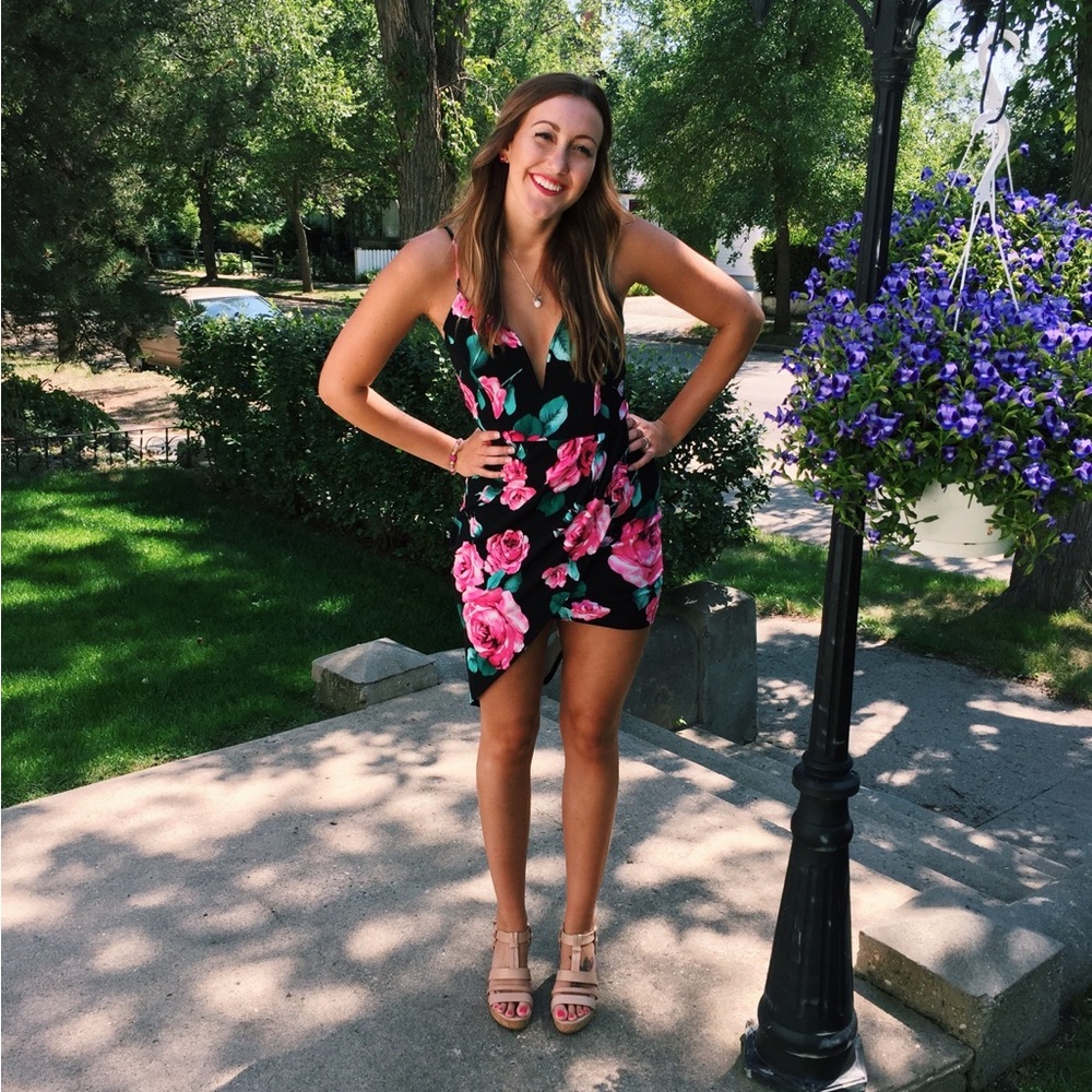 Floral Black Dress with Pink Roses